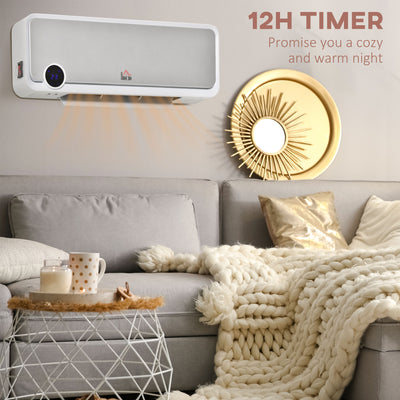 HOMCOM Wall Downflow Heater 2 Heat and Fan 1000W/2000W, Electric Space Heater with Timer Remote Oscillating, for Bedroom Home Office, White and Silver 