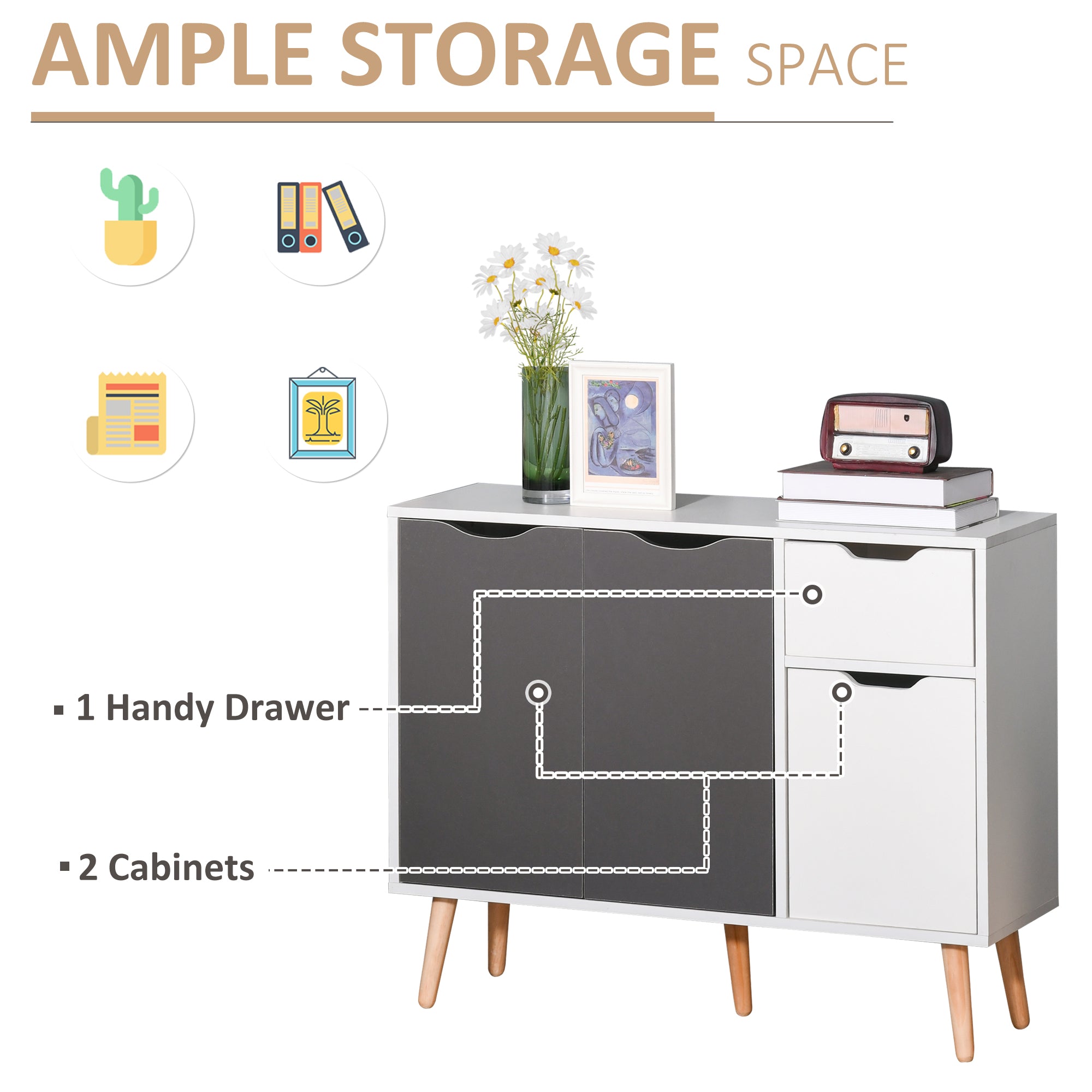 HOMCOM Sideboard Floor Standing Storage Cabinet with Drawer for Bedroom, Living Room, Home Office, Grey 