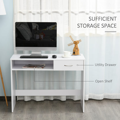 HOMCOM Compact Computer Desk, Study Table with Drawer and Storage Compartment, Writing Workstation, White 