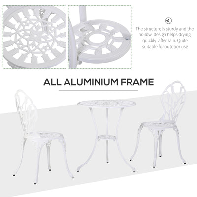 Outsunny 3 Piece Patio Bistro Set for 2, Outdoor Aluminium Garden Table and Chairs with Umbrella Hole for Balcony, White 