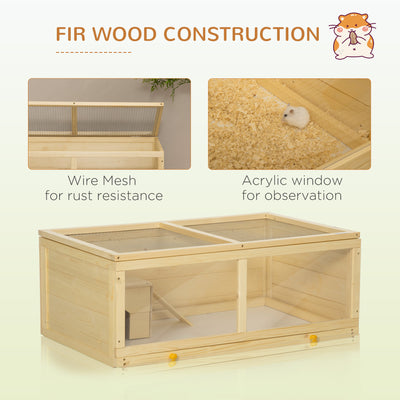 PawHut Wooden Hamster Cage with Sliding Tray, Openable Top, Hut for Syrian Hamsters, Natural Wood 