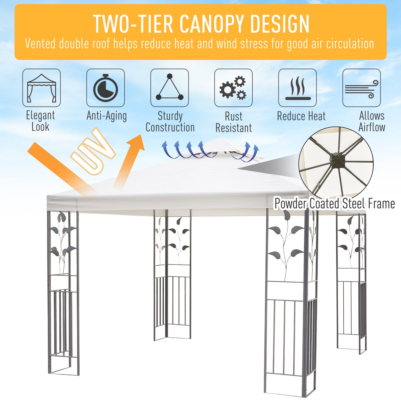 Outsunny 3 x 3m Outdoor Steel Gazebo with 2 Tier Roof, Garden Gazebo Patio Canopy Marquee Shelter with Decorative Steel Frame - Cream 
