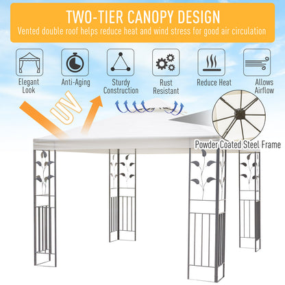 Outsunny 3 x 3m Outdoor Steel Gazebo with 2 Tier Roof, Garden Gazebo Patio Canopy Marquee Shelter with Decorative Steel Frame - Cream 