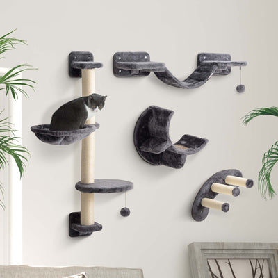 PawHut Four-Piece Cat Wall Furniture, with Hammock, Ladder, Platforms, Steps, for Indoor Use - Dark Grey 