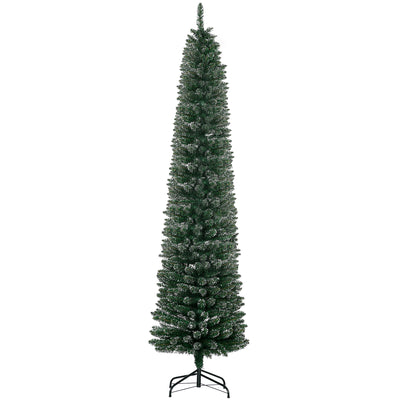 HOMCOM 7.5FT Artificial Snow Dipped Christmas Tree Xmas Pencil Tree Holiday Home Indoor Decoration with Foldable Black Stand, Green 