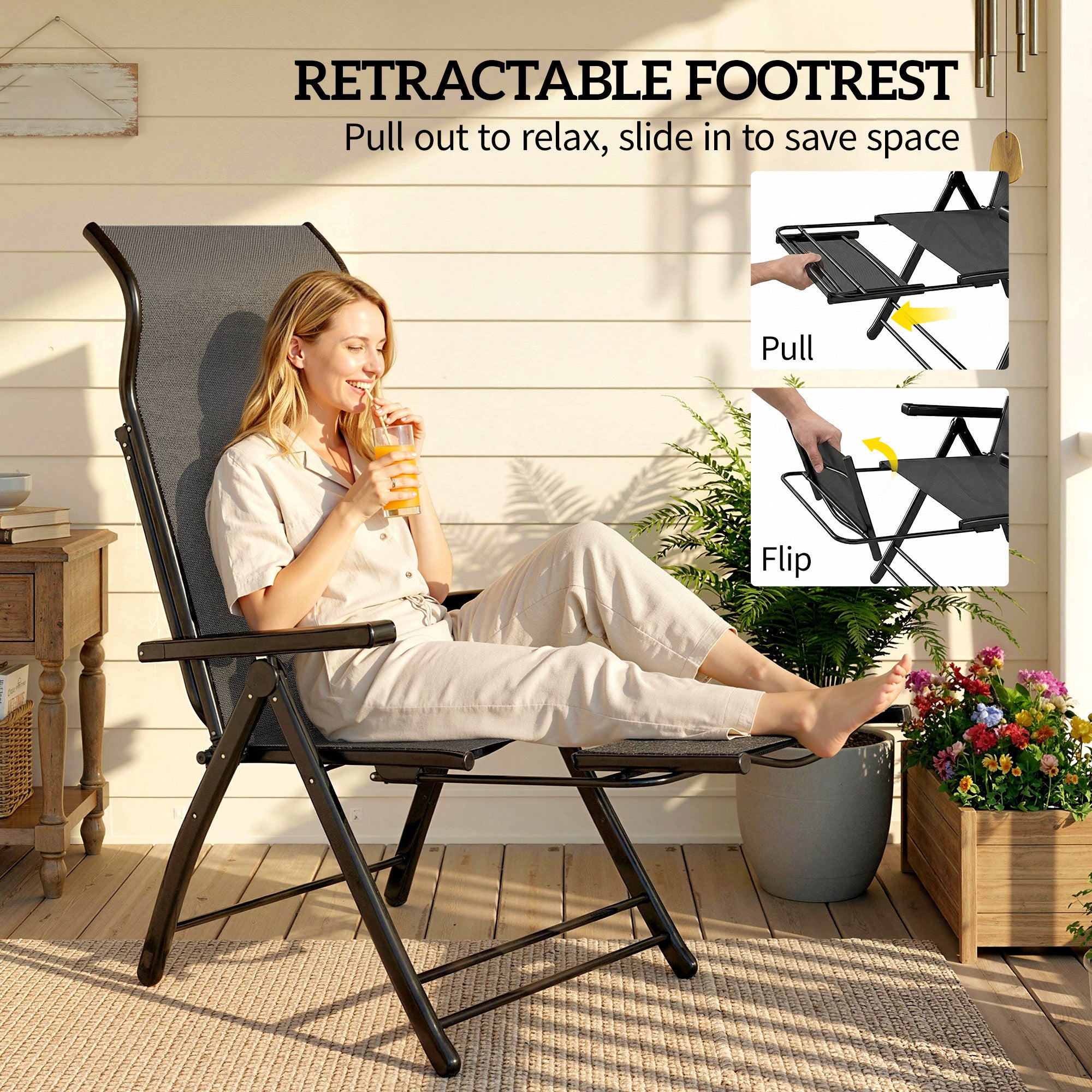 Outsunny Reclining Garden Chairs Set of 2, 5-Position Folding Sun Loungers with High Back, Retractable Footrest, Dark Grey 