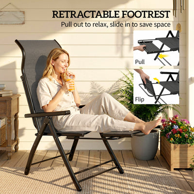 Outsunny Reclining Garden Chairs Set of 2, 5-Position Folding Sun Loungers with High Back, Retractable Footrest, Dark Grey 