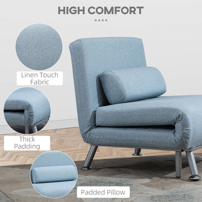 HOMCOM Linen Chair Bed, 3-in-1 Convertible Sleeper Chair with Adjustable Backrest, Pillow, for Living Room, Bedroom, Sky Blue 