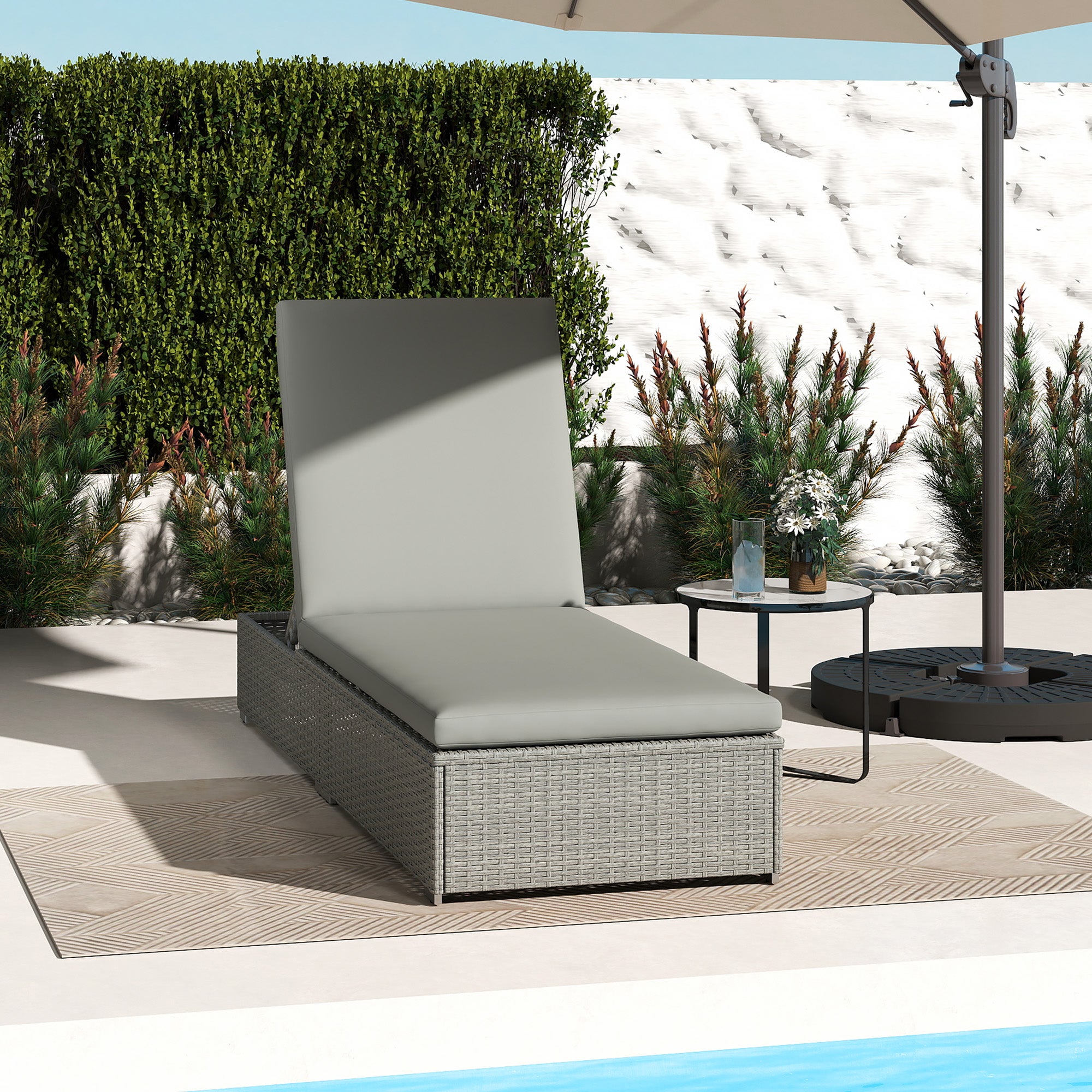 Outsunny Rattan Sun Lounger, Five-Position Reclining Garden Lounger Bed with Cushion, Light Grey 