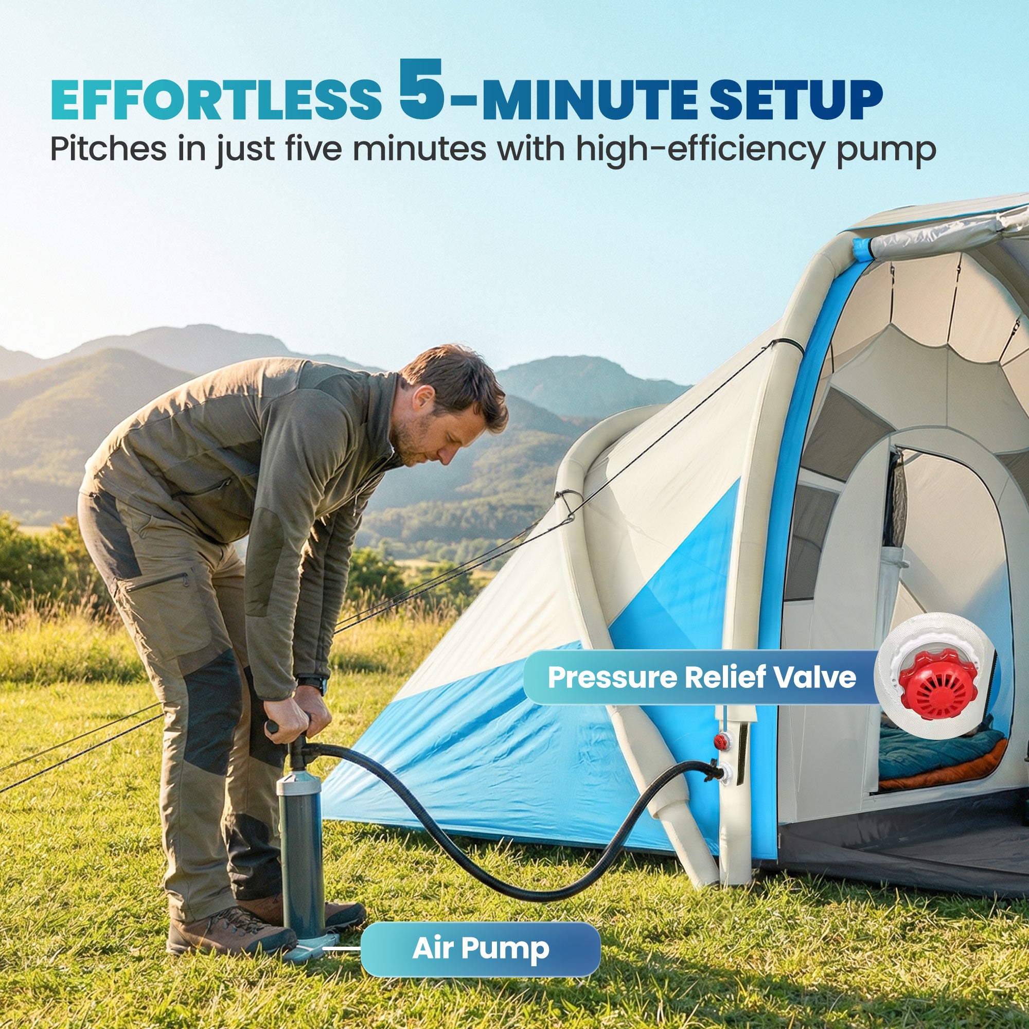 Outsunny Inflatable Tent 2 Bedroom 3000mm Waterproof Windproof Air Tent with Carry Bag for 4 Person 