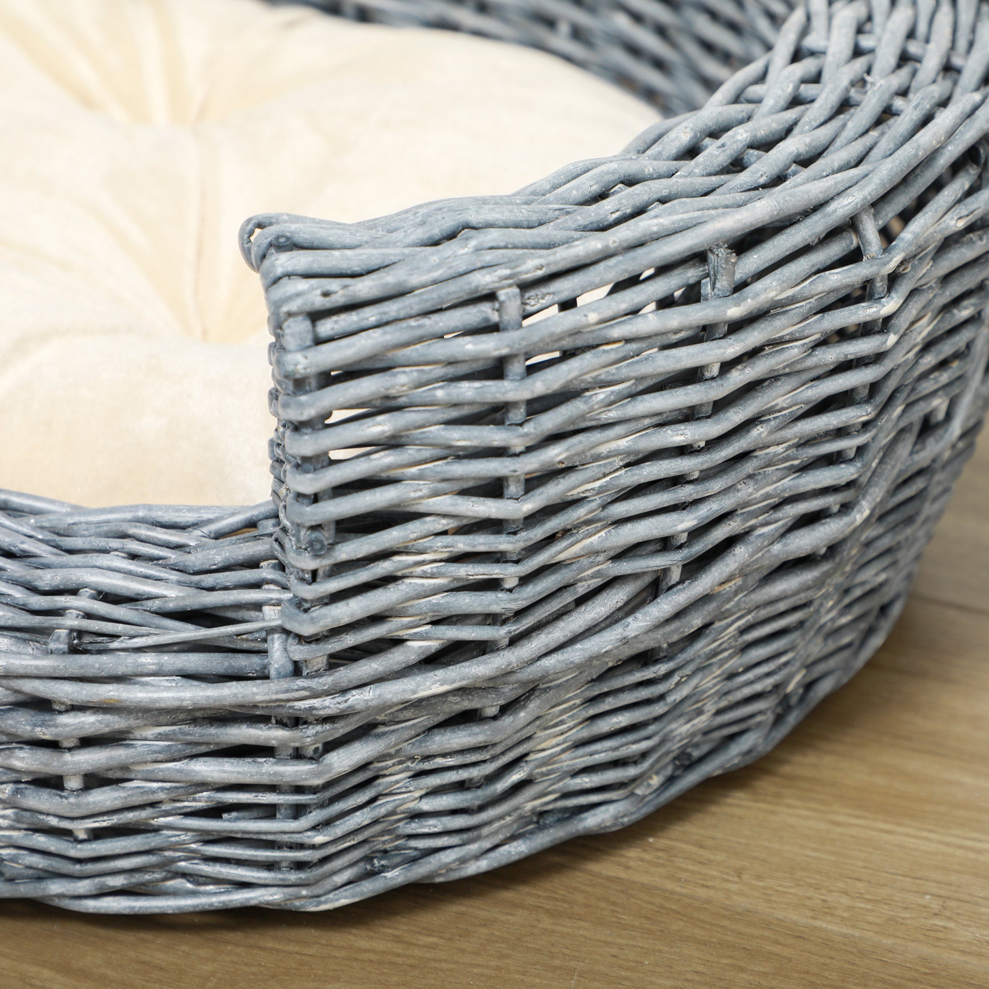 PawHut Wicker Pet Bed Willow Dog Cat Sofa Couch Puppy Basket with Cushion Grey 57L x 46W x 17.5H cm 