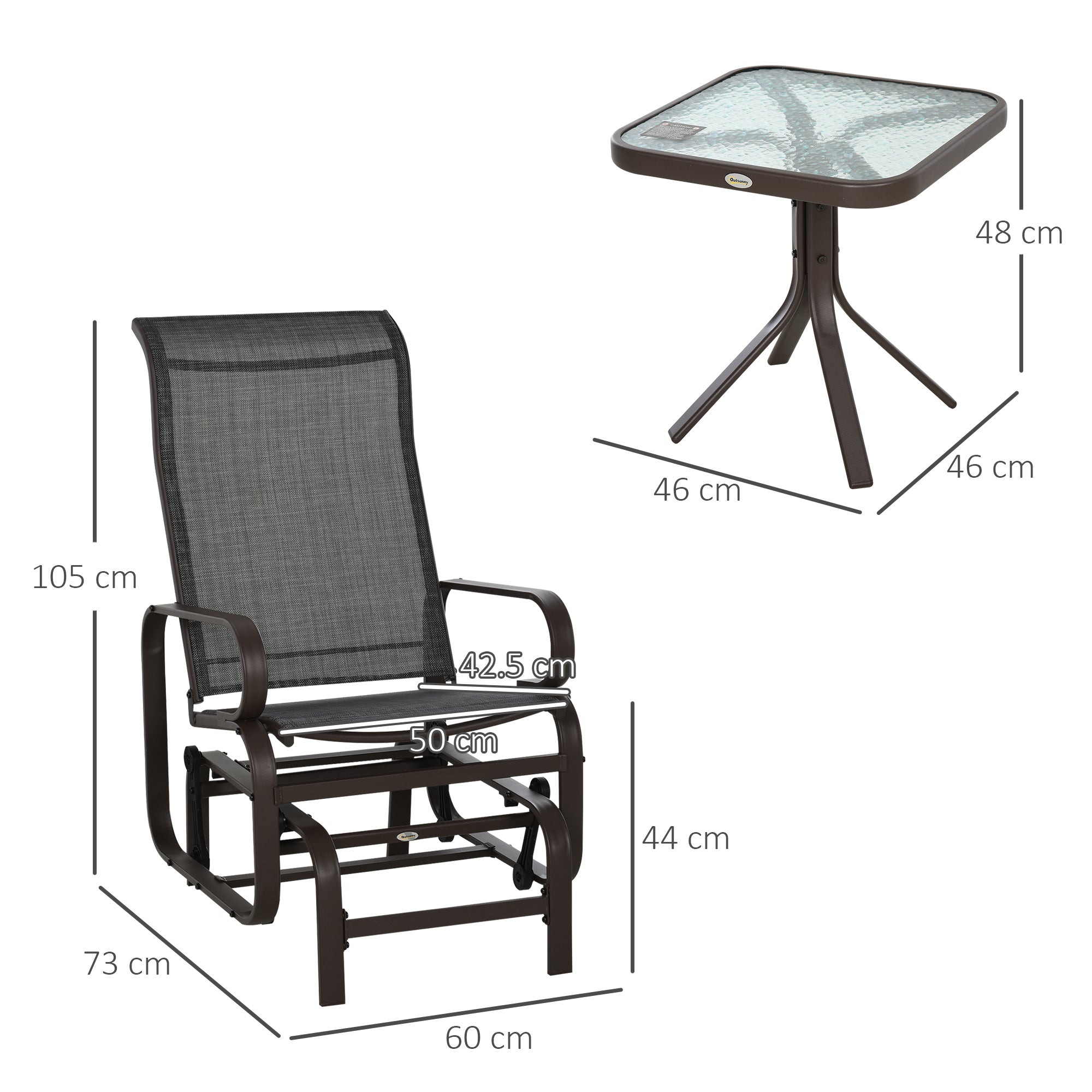Outsunny 3 Pieces Garden Gliding Chair Set, Metal Frame 2 Single Armchair Swing Seater and 1 Glass Top Coffee Table w/ Breath Mesh Fabric Seat, Brown 