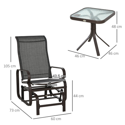 Outsunny 3 Pieces Garden Gliding Chair Set, Metal Frame 2 Single Armchair Swing Seater and 1 Glass Top Coffee Table w/ Breath Mesh Fabric Seat, Brown 