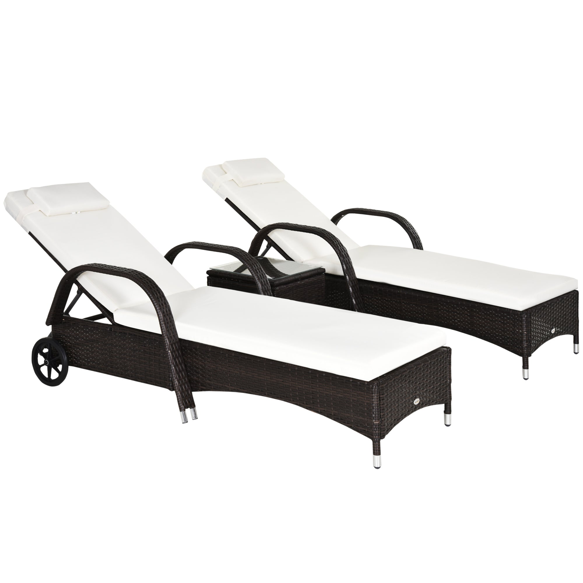 Outsunny 3 Pieces PE Rattan Patio Lounge Chair Set, Outdoor Recliner Lounge Chairs with Wheels, for Outside with Cushions, Headrest, Coffee Table for Garden, Poolside, Brown 