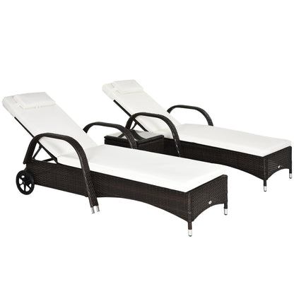 Outsunny 3 Pieces PE Rattan Patio Lounge Chair Set, Outdoor Recliner Lounge Chairs with Wheels, for Outside with Cushions, Headrest, Coffee Table for Garden, Poolside, Brown 