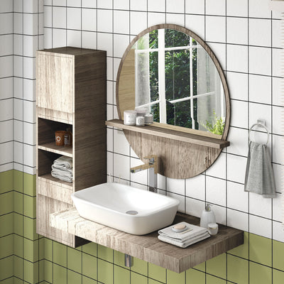 kleankin 45cm Round Home Mirror, with Shelf - Grey Wood-Effect 