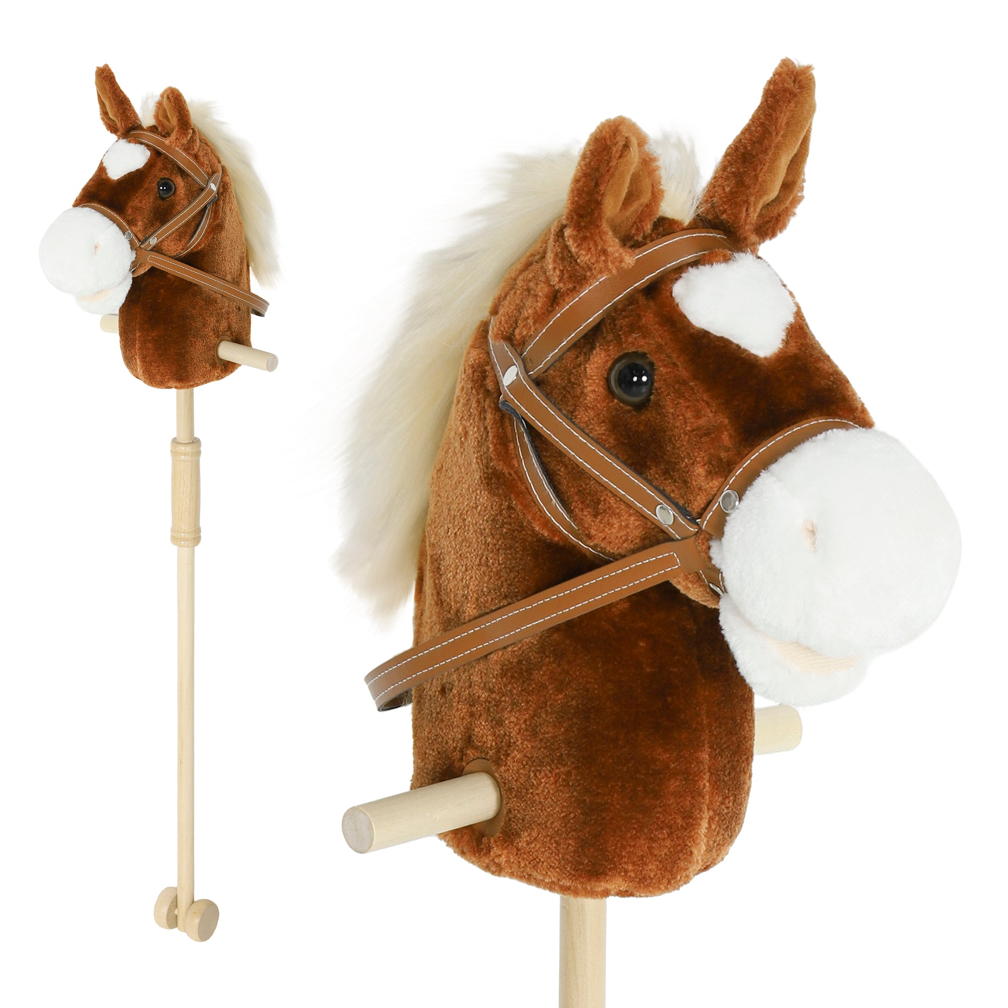 AIYAPLAY Stick Horse with Wood Wheels, Real Pony Neighing and Galloping Sounds, Grip Handle, 95 cm, Brown 