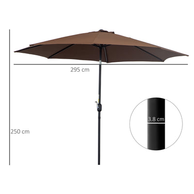 Outsunny 3(m) Tilting Parasol Garden Umbrellas, Outdoor Sun Shade with 8 Ribs, Tilt and Crank Handle for Balcony, Bench, Garden, Coffee 