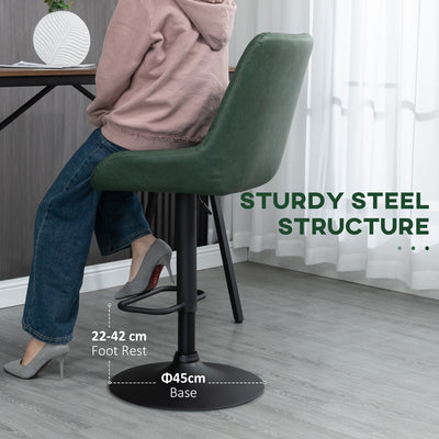 HOMCOM Retro Bar Stools Set of 2, Adjustable Kitchen Stool, Upholstered Bar Chairs with Back, Swivel Seat, Green 
