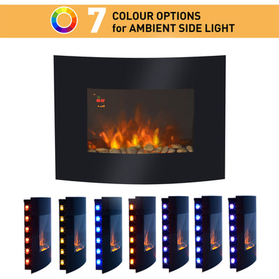 HOMCOM Led Wall Mounted Fireplace Curved Glass Electric Fire Place Fire Place 7 Colour Side Lights Slimline, 900/1800W, 65cm x 52cm 
