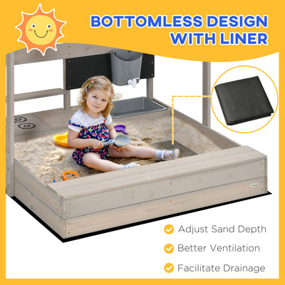 Outsunny Kids Wooden Sandbox w/ Canopy, Kitchen Toys, Seat, Storage, for 3-7 Years Old Outdoor Play 