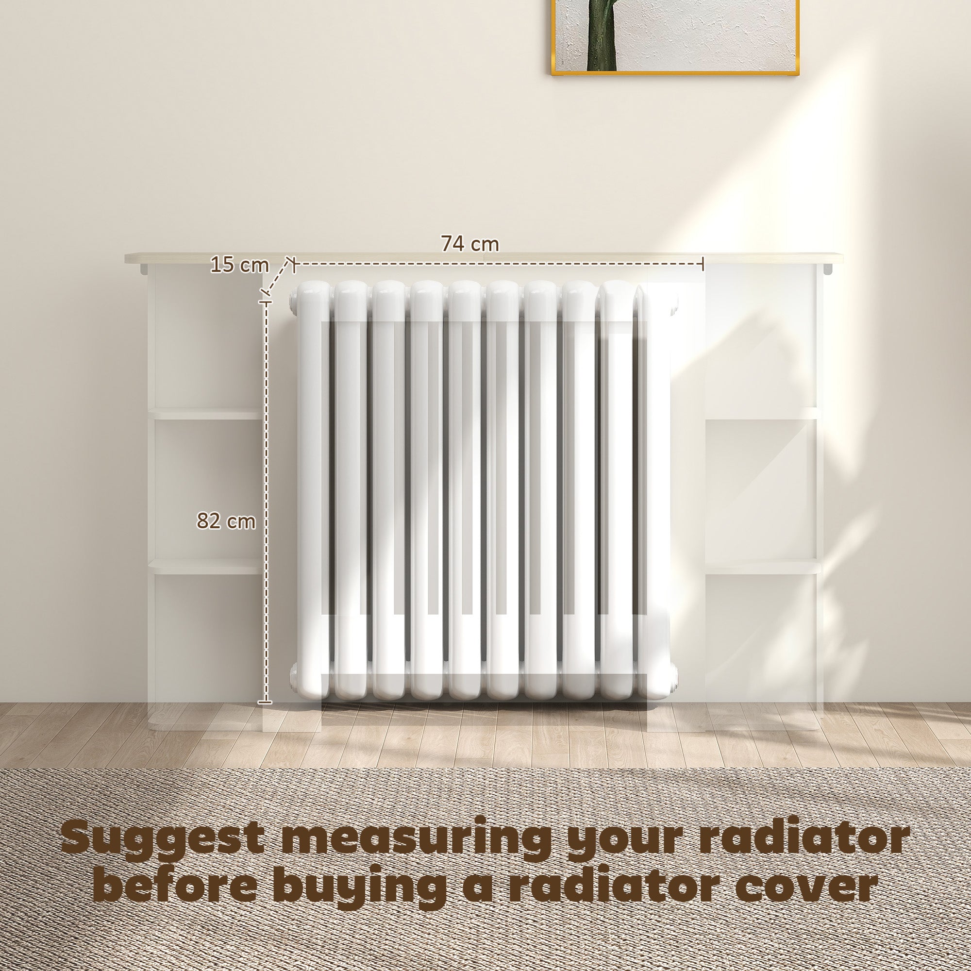 HOMCOM Radiator Cover with Open Storage Shelves, Vertical Slatted Cabinet Shelf Heater Cover for Living Room, Hallway, Medium, White 