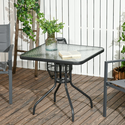 Outsunny Square Patio Table, Tempered Glass Top Bistro Table, Garden Dining Table, Outdoor Accent Coffee Table 76 x 76cm Steel Frame with Umbrella Hole 