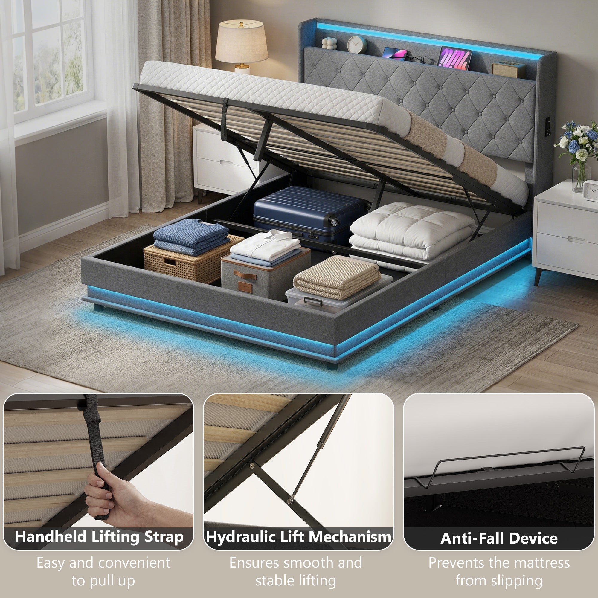 HOMCOM 5ft King Bed Frame with Headboard, Platform Bed Frame with Hydraulic Storage, LED Lights and Charging Station, Grey 