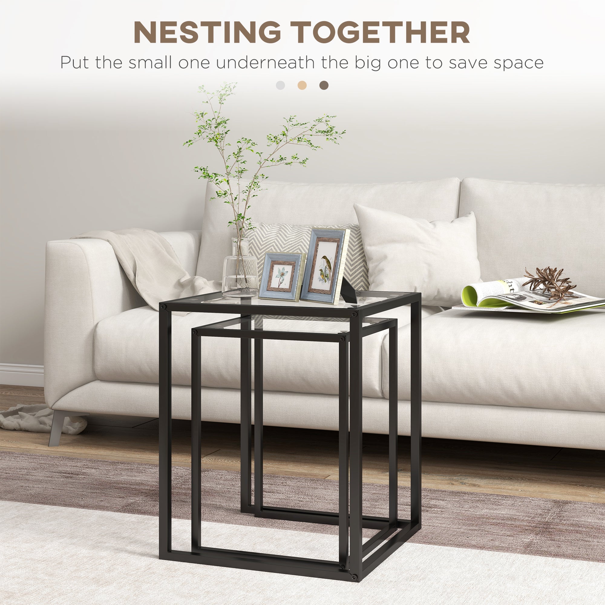 HOMCOM Nesting Tables Set of 2, Side End Table with Tempered Glass Top and Steel Frame for Living Room, Bedroom, Black 