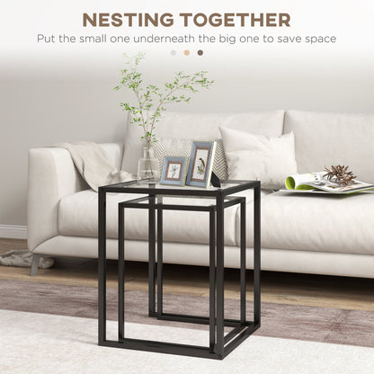 HOMCOM Nesting Tables Set of 2, Side End Table with Tempered Glass Top and Steel Frame for Living Room, Bedroom, Black 