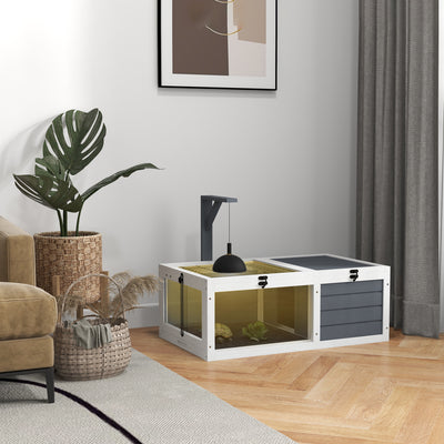 PawHut Tortoise Table with Wooden Lamp Holder, Wooden Tortoise House w/ Openable Lids, Pull-Out Trays - Grey 