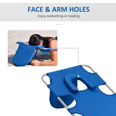 Outsunny 2 Pieces Foldable Sun Lounger with Reading Hole, Portable Sun Lounger with 5 Level Adjustable Backrest, Reclining Lounge Chair with Side Pocket, Headrest Pillow, Blue 