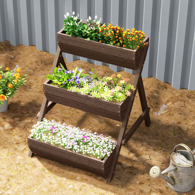 Outsunny 3 Tier Raised Garden Bed Wooden Elevated Planter Box Kit, 66L for Flower, Vegetable, Herb, 65x75x78cm, Tan 