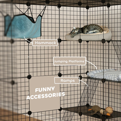 PawHut Steel Wire Cat Cage Indoor with Hammock, Ramps, Doors, DIY Cat Enclosure for 1-3 Cats, Black 