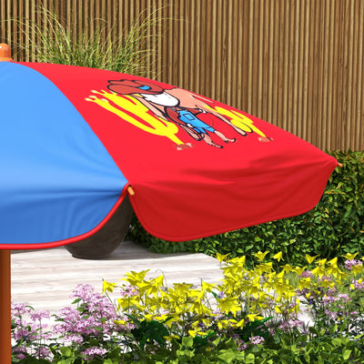Outsunny Kids Picnic Table and Chair Set, Cowboy Themed Outdoor Garden Furniture w/ Foldable Chairs, Adjustable Parasol 