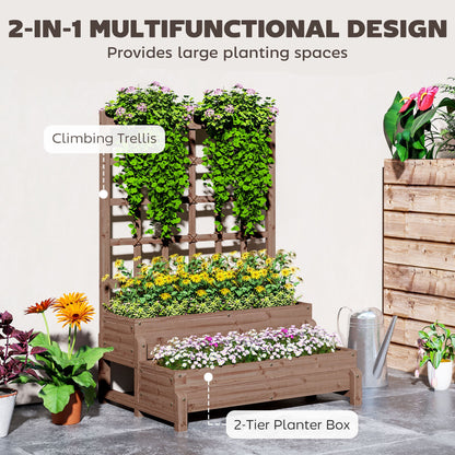 Outsunny 2-Tier Raised Garden Bed with Trellis, Wooden Elevated Planter Box with Drainage Holes, Outdoor Raised Planter for Climbing Plants, Fruits, Vegetables, Flowers, Brown 