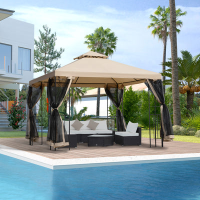 Outsunny 3(m) x 3(m) Garden Gazebo, Double Roof Outdoor Gazebo Canopy Shelter with Netting, Solid Steel Frame for Garden, Lawn, Backyard and Deck 