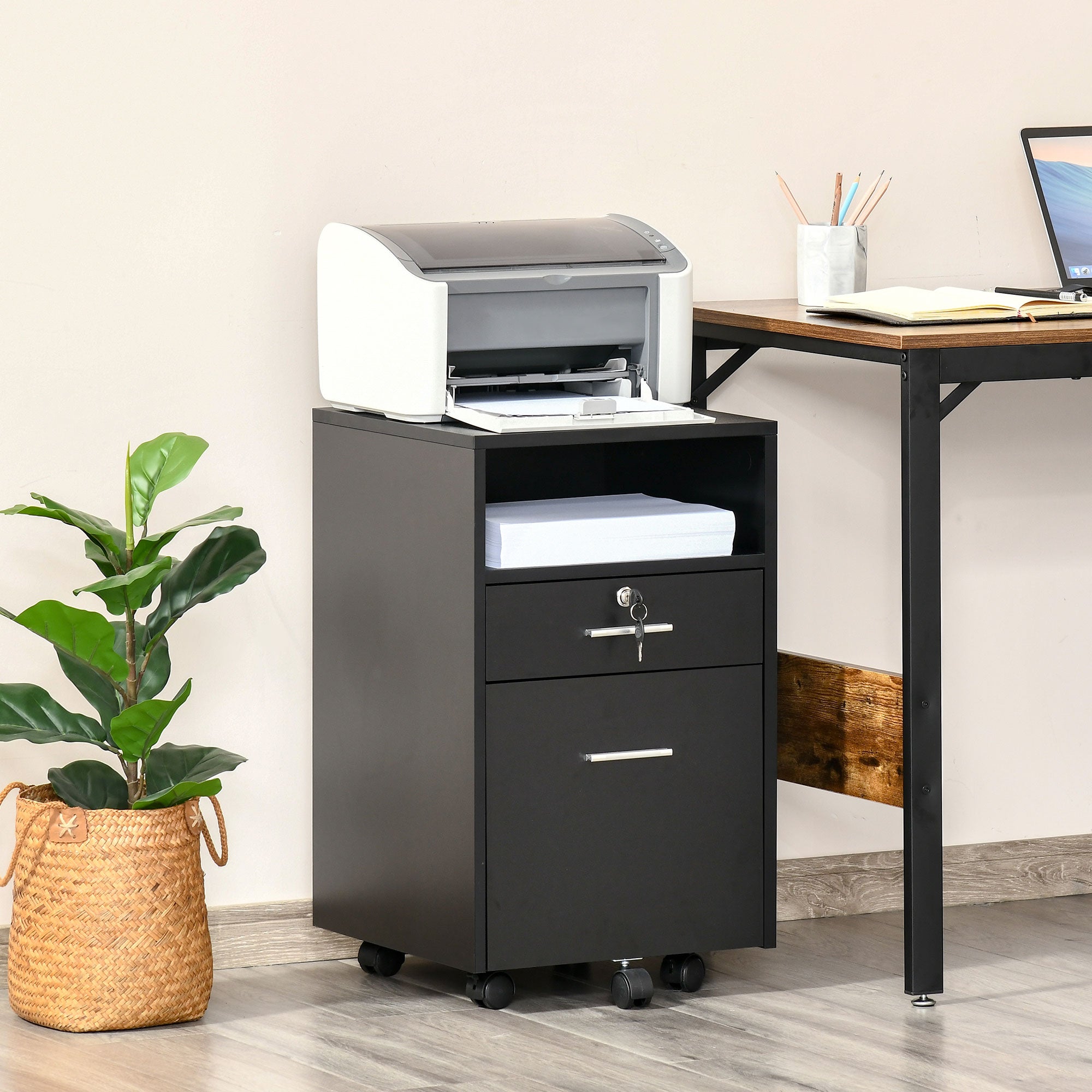 Vinsetto Lockable Two-Drawer Filing Cabinet, with Wheels - Black 