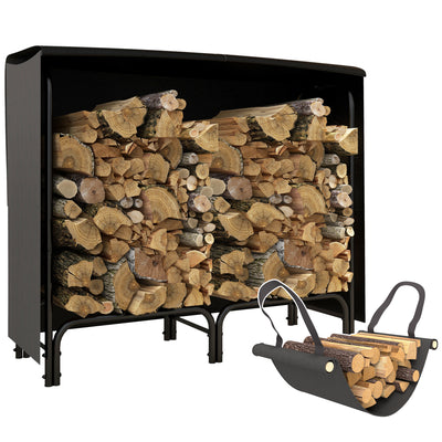 Outsunny 4FT Firewood Rack with Canvas Carrier Bag and 600D Oxford Waterproof Cover, Metal Log Store Indoors, Log Storage Rack Holder for Outdoor Indoor Fireplace, Black 