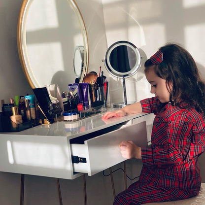 HOMCOM Dressing Table Set with LED Light, Round Mirror, Vanity Makeup Table with 2 Drawers and Cushioned Stool for Bedroom, White 