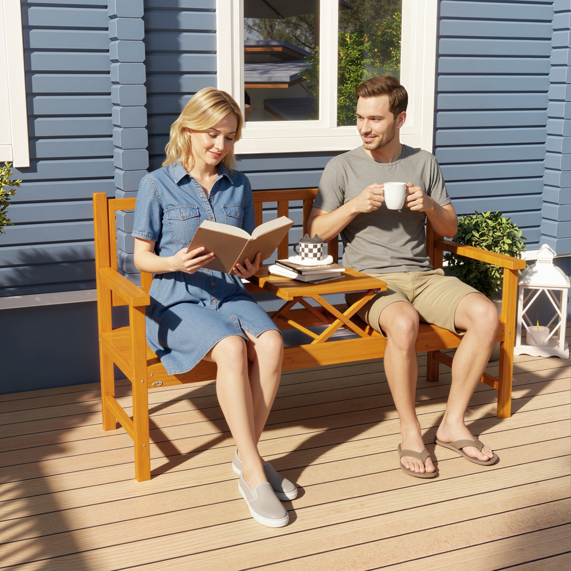 Outsunny Wooden Bench with Liftable Middle Table, Outdoor Bench, Patio Loveseat for Porch, Garden, Seats 2-3 People 