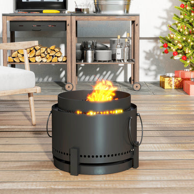 Outsunny Smokeless Fire Pit with Ash Catcher, 37cm Portable Wood Burning Firepit with Poker for Garden Camping Bonfire Party, Metal, Dark Grey 