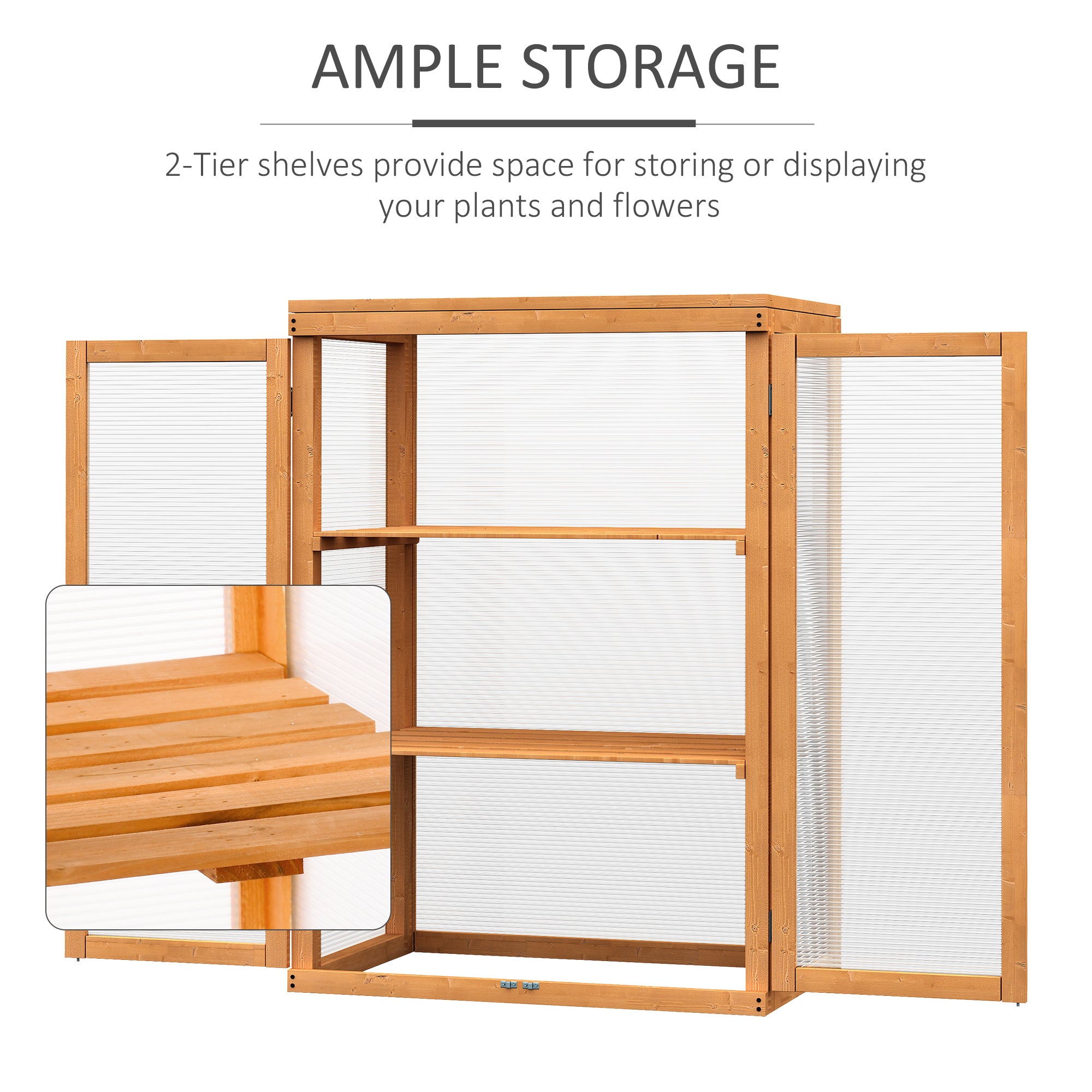 Outsunny 3-tier Cold Frame with Openable Top Cover and Double Doors, Garden Wooden Greenhouse with Storage Shelf, Polycarbonate Grow House for Plants, Flowers, Natural