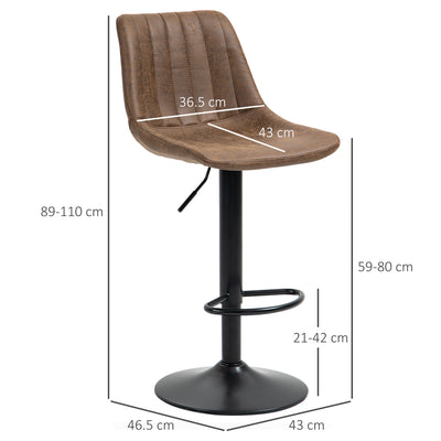 HOMCOM Bar Stools Set of 2, Swivel Counter Height Barstools with Back, Adjustable Bar Chairs, Breakfast Dining Stools for Kitchen Island Counter with Adjustable Steel Footrest & Base, Brown 