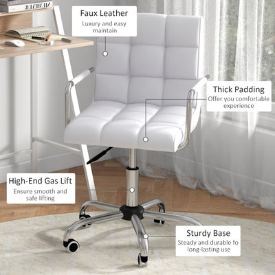 HOMCOM Home Office Chair and Computer Desk Set, Faux Leather Desk Chair with Swivel Wheels, Study Desk with Storage Shelf, White 