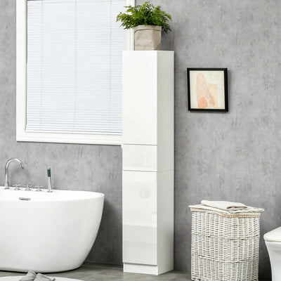 kleankin Tall Bathroom Cabinet with Adjustable Shelves, High Gloss Storage Cupboard, Freestanding Tallboy with Storage Drawer, White 