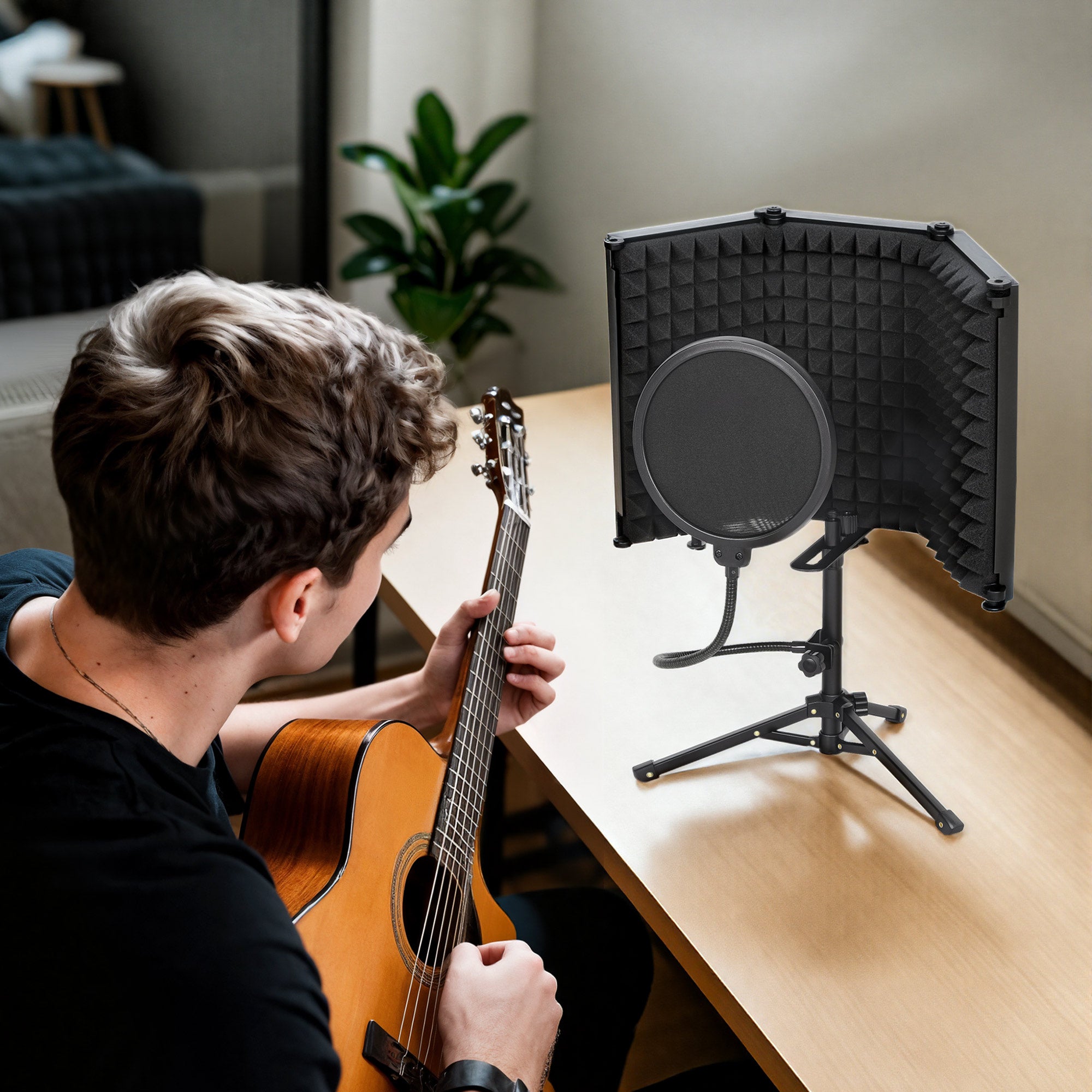 HOMCOM Studio Microphone Isolation Shield with Pop Filter and Tripod Stand, Foldable Adjustable Recording Studio Equipment, 3-Panel High Density Absorbent Foam Shield with 3/8" Threaded Mount, Black 