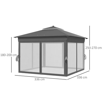 Outsunny 3 x 3(m) Pop Up Gazebo Party Tent with Solar-Powered LED Lights, Adjustable Event Shelter with Netting, Grey 