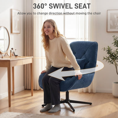 HOMCOM Accent Chair, Chenille Upholstered Swivel Armchair with Lumbar Pillow, High Back, Deep Seat and Metal Legs, Dark Blue 