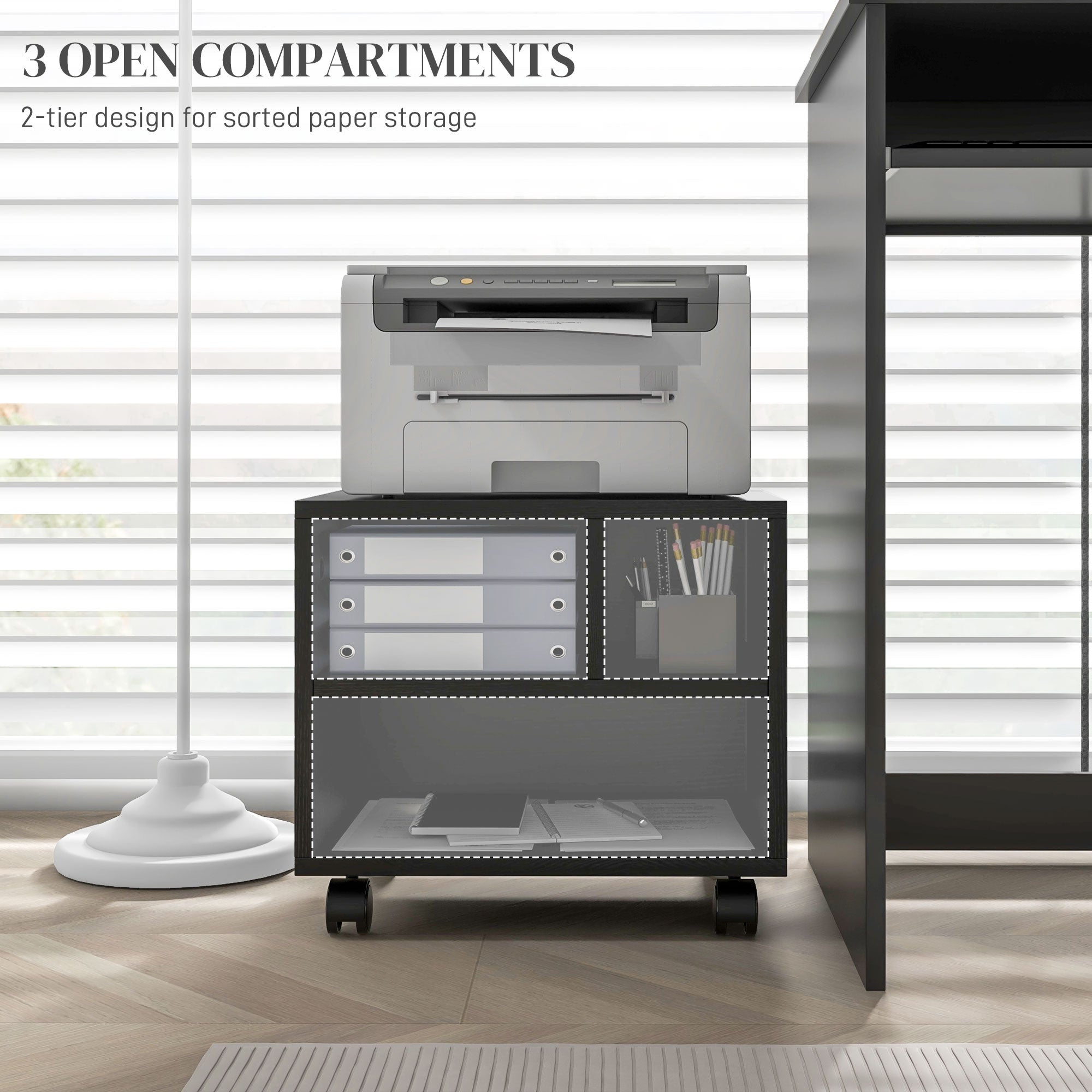 HOMCOM Three-Compartment Printer Cabinet, with Wheels - Black 